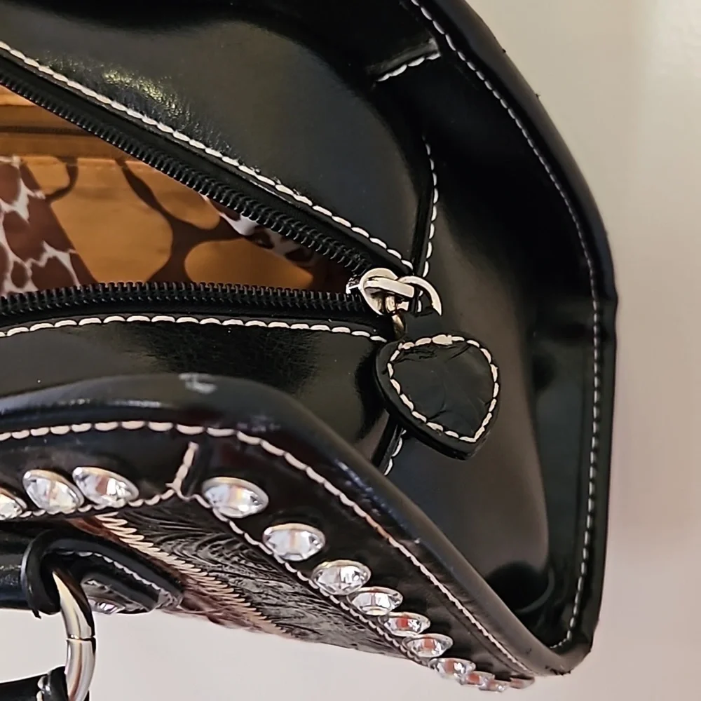 Vintage 1990s Mixed Animal Print Rhinestone Buckle Leather Baguette Satchel Bag